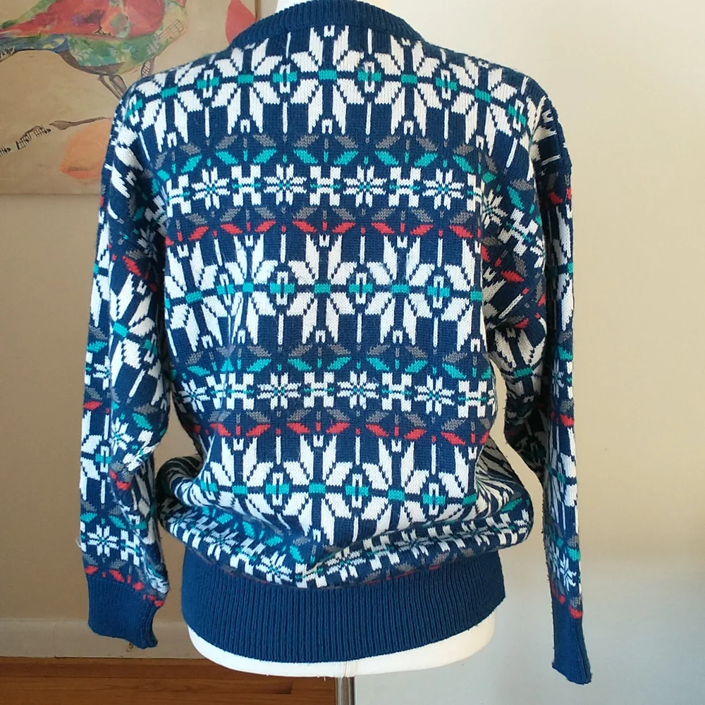 Vintage sweater wool blend crew neck navy blue white snow ski pattern size M - Picture 5 of 7